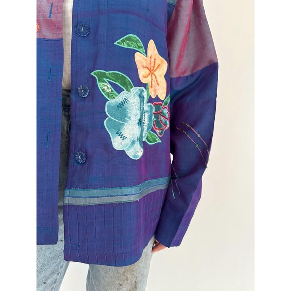 90s vintage blue shiny floral embroidered patchwork light silk button up jacket - Picture 9 of 10